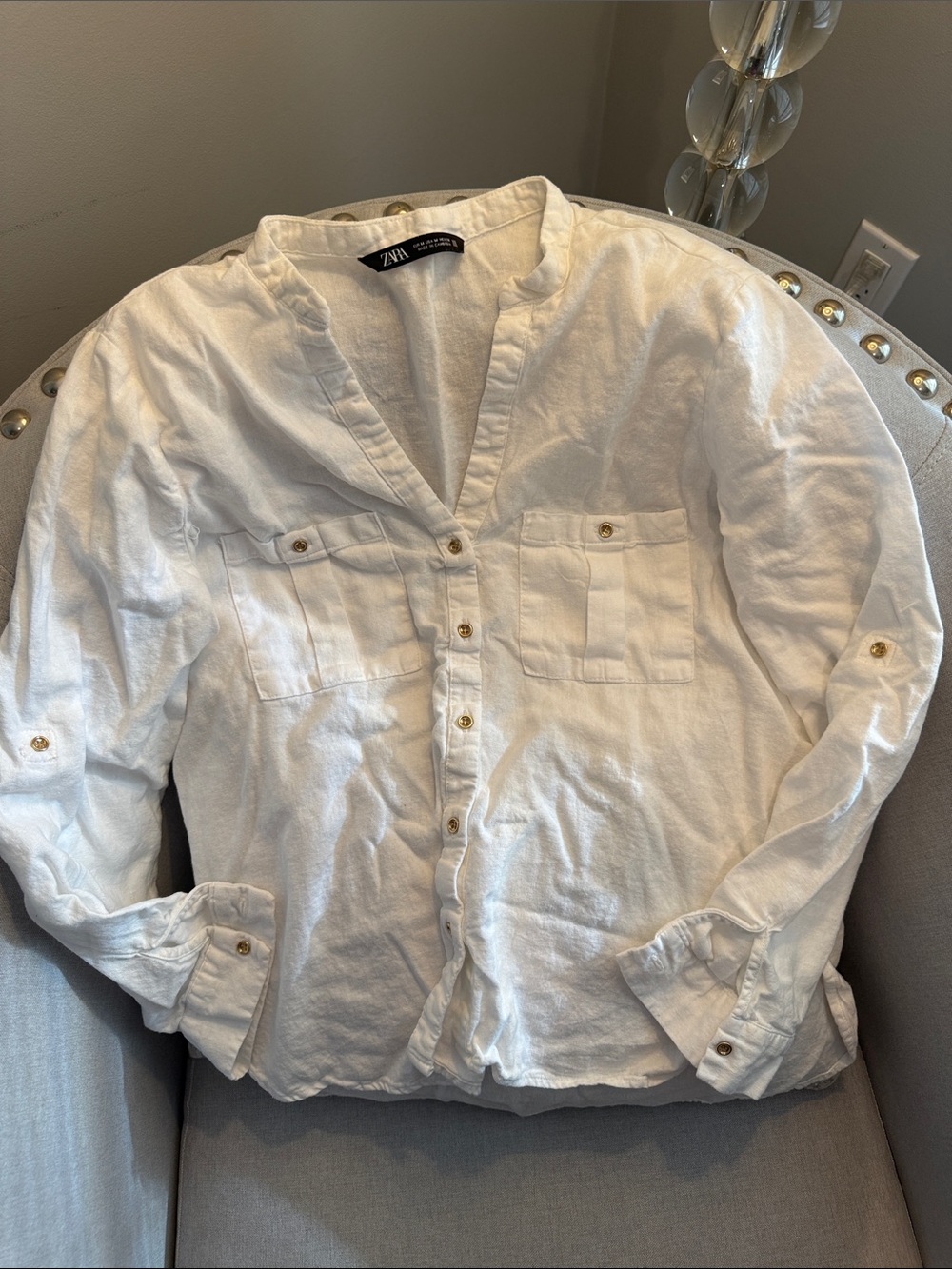 Zara White Linen Long Sleeve Button-Down Shirt with Chest Pockets